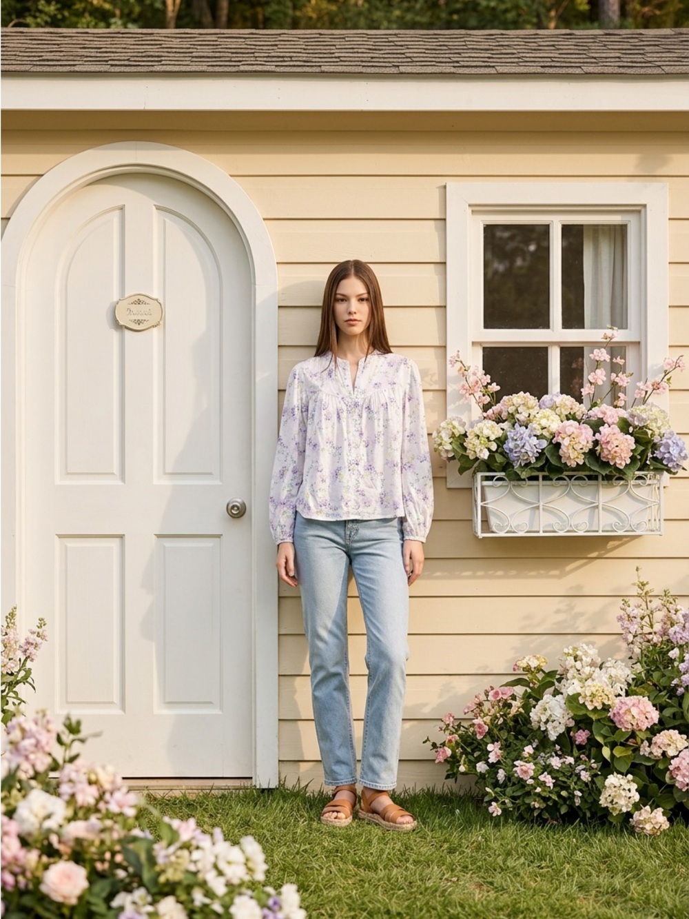 Lavender Floral Split-Neck Long-Sleeve Blouse